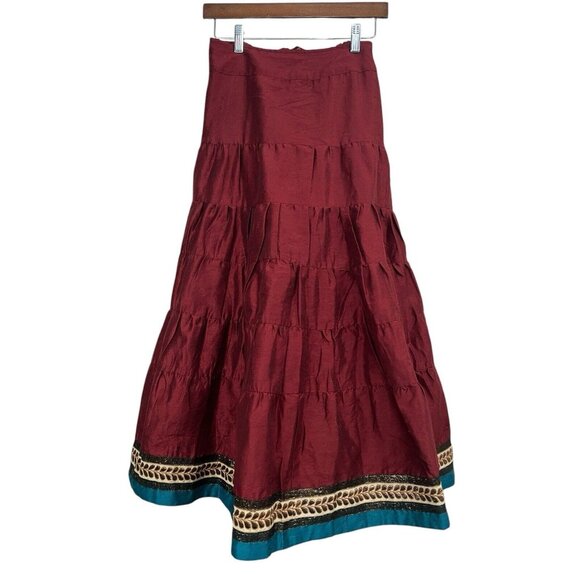 109 Degrees F Dresses & Skirts - Women Tiered Midi Skirt Sz M Burgundy A-Line Full Boho Western‎ Cowgirl India